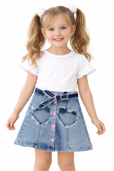 İrem Çocuk Giyim Girl's Heart Detailed Button Closure Belted Blue Color Denim...