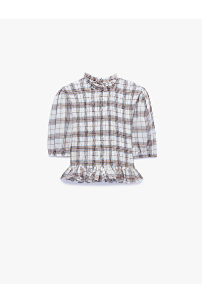 Koton Slim Fit Kısa Balon Kollu Fırfırlı Yaka Ekose Bluz