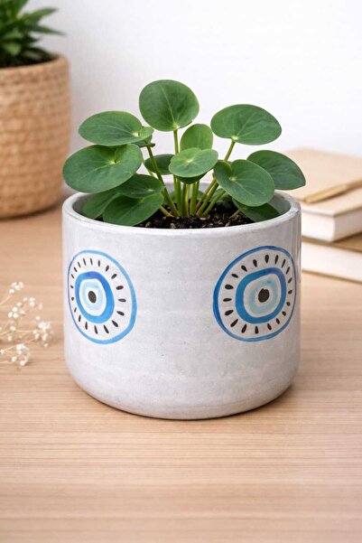 Cogo Seramik El Yapımı Seramik Nazar Boncuğu Desenli Modern Saksı - 8x8 cm (B...