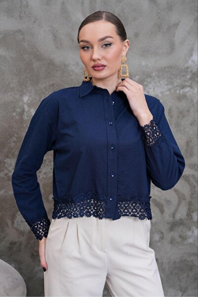 NEW JOURNAL Women's Navy Blue Lace Detailed Crop Shirt Pc030