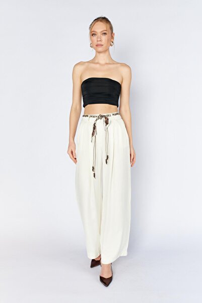 TENA Pantaloni largi din satin, crem, cu curea în talie, pentru femei