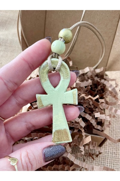 zeinapp Gold Leaf Handmade Ceramic Porcelain Pendant with Ankh Symbol Design