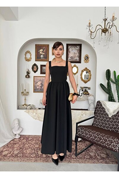 maf collection Women's Black Square Neck Thick Strap Long Evening Dress with ...