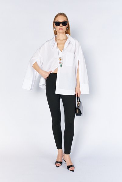Manche Oversized Poplin Shirt with Sleeve Detail |   Mks1610113-1 - White