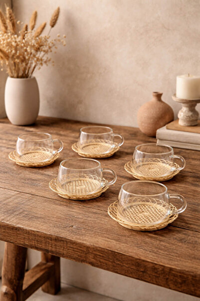 Anadolu Saray 6’lı Cam Çay Fincanı Seti Bambu Hasır Çiçek Model Altlıklı Şık ...