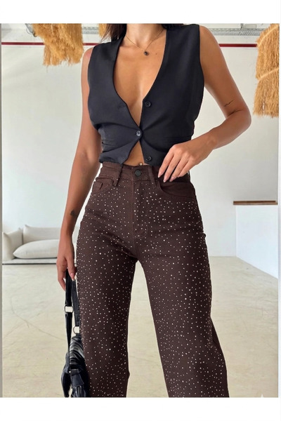 OXEDCO Pantaloni stilați Palazzo cu detalii în nuanța maro pentru femei