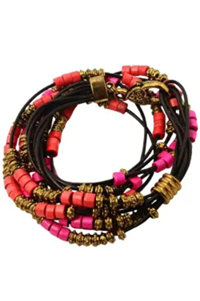 GemSale Brățări Boho cu mărgele metalice și din lemn roșu