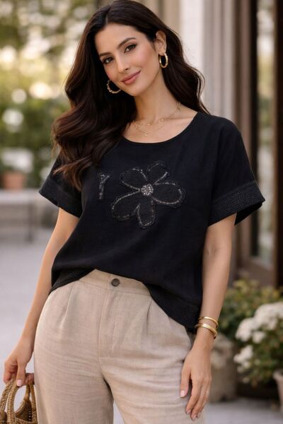 AGORATEKSTİL Women's 100% Linen Fabric Daisy Patterned Oversize Short Sleeve ...