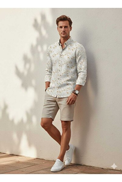 Louis Fabel Collar Buttoned Micro Floral Patterned Summer Long Sleeve Men's S...