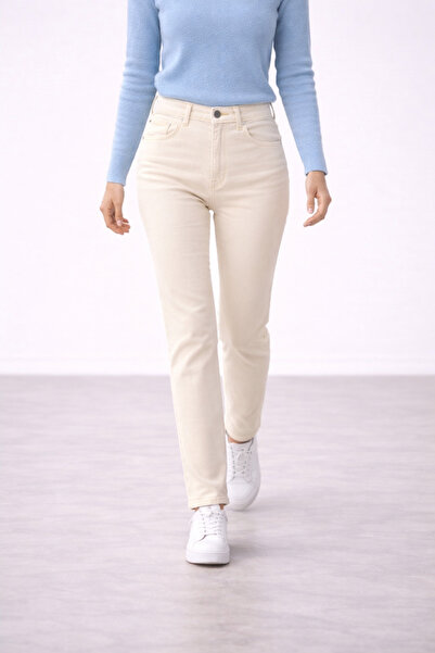 TRUEJNS True Women's Cream High Waist Beige Lycra Trend Mom Jean