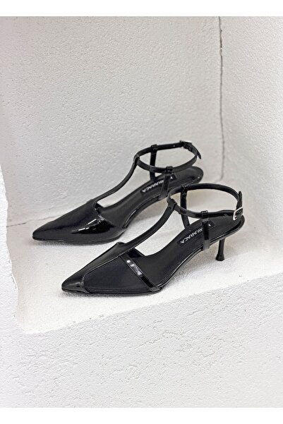 NUR KARACA 8581 Tulle Detailed 6cm Short Thin Heel Open Back Strap Stiletto S...