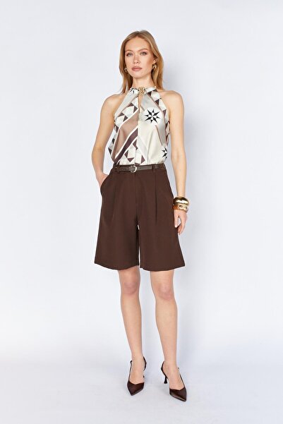 TENA Women's Brown 2037 Single Pleated Belted Bermuda Shorts
