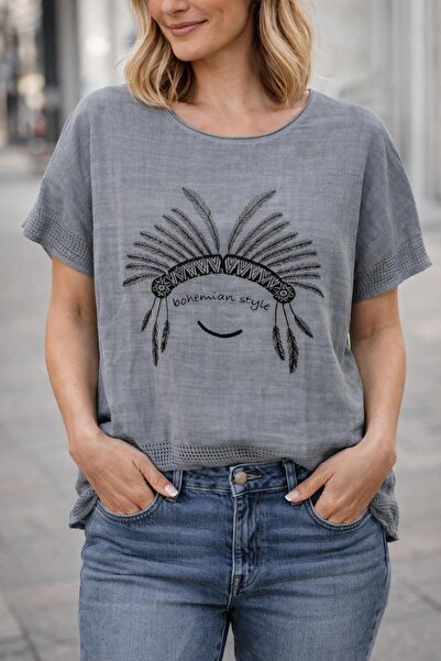 AGORATEKSTİL Women's 100% Linen Fabric Patterned Oversize Short Sleeve Blouse...