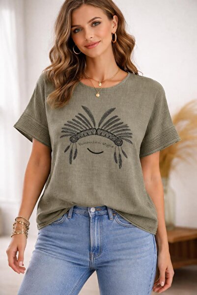 AGORATEKSTİL Women's 100% Linen Fabric Patterned Oversize Short Sleeve Blouse...