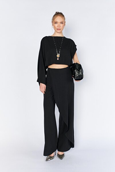 TENA طقم نسائي أسود 9093 بلوزة بأكمام غير متماثلة وبنطلون واسع بقصة ملفوفة