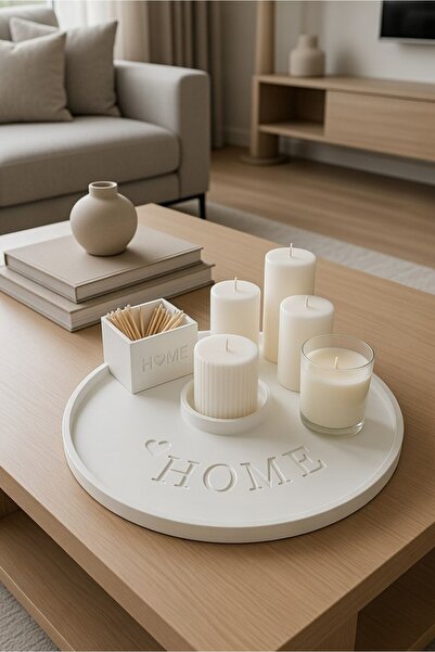 25 cm Özel Tasarım "Home" Temalı Yuvarlak Dekoratif Tepsi / Mum Tepsisi / Biblo Tepsisi