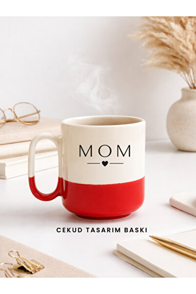 cekud tasarım baskı MOM Yazılı Kırmızı Alt Kupa Bardak Minimal Tasarım I Hedi...