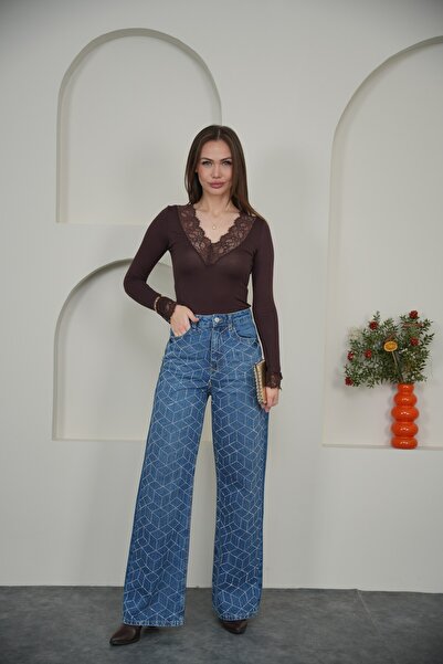 sahraozluk Wide Leg Prism Stone Jean Blue Color