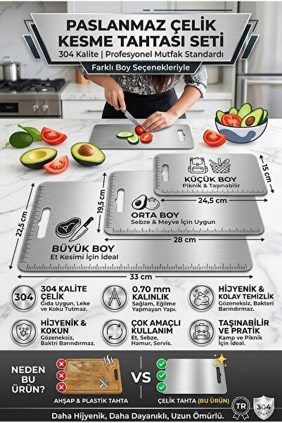 RİVO HOME DECOR 304 Quality Stainless Steel Cutting Board Set of 3 (33X22.5 /...