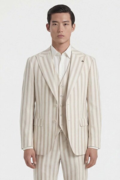 Giotelli Men's dark ecru striped 8 drop viscose blend suit with vest