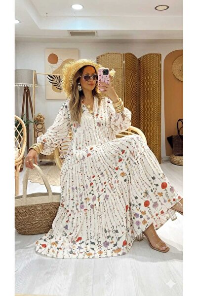 QUAWEAR V-Neck Patterned Viscose Fabric Full Length Dress