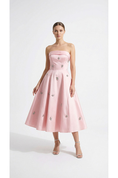 Şeker Portakalım Midi Length Stone Detailed Evening Dress Pink