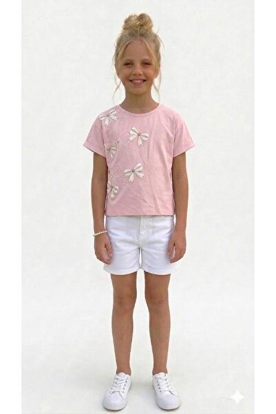 RAPAPA Girl's Beige Ribbon Appliqué Short Sleeve T-Shirt-4330-Pink