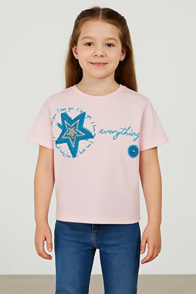 RAPAPA Girl's Pink Star Printed T-Shirt with Sequin Detail 6777