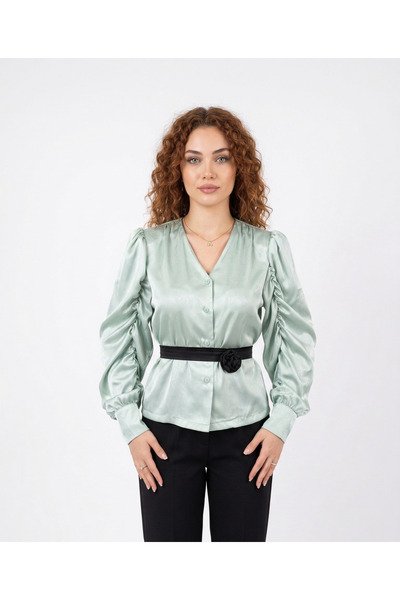 Şamdan V-Neck Gathered Sleeve Belt Detailed Satin Shirt