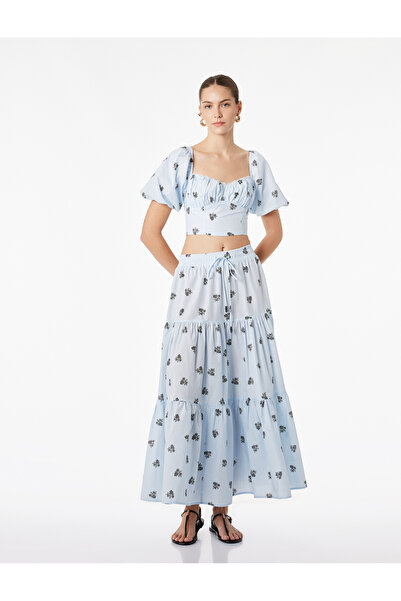 Koton Pamuklu Katlı Kloş Tam Daire Uzun Çiçekli Poplin Etek