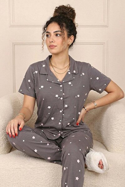 Niket Life قميص نسائي بنقشة نجمة وياقة قصيرة وأكمام قصيرة وطقم بيجامة من قماش...