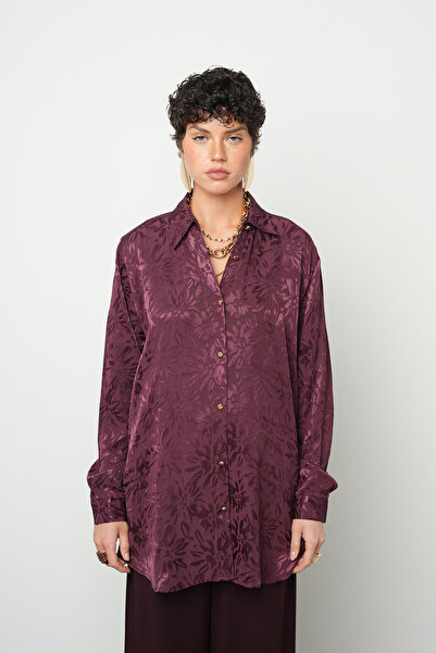 Orfeo Negro Women's Plum Jacquard Floral Patterned Oversize Standard Size Shirt