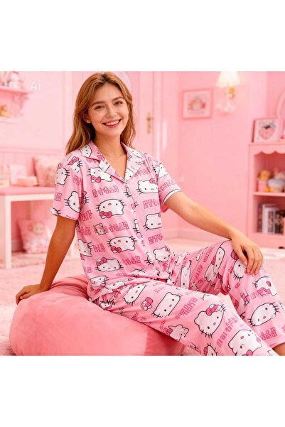 NiCe İç Giyim Ροζ πουκάμισο με σχέδιο γάτας, με γιακά και κουμπιά, υφασμάτινο...