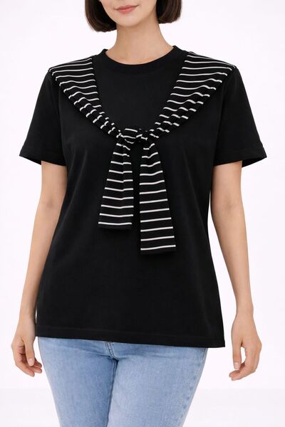 Benedetto Νέα σεζόν Γυναικείο μπλουζάκι από βαμβακερό ύφασμα με ρίγες, λεπτομ...