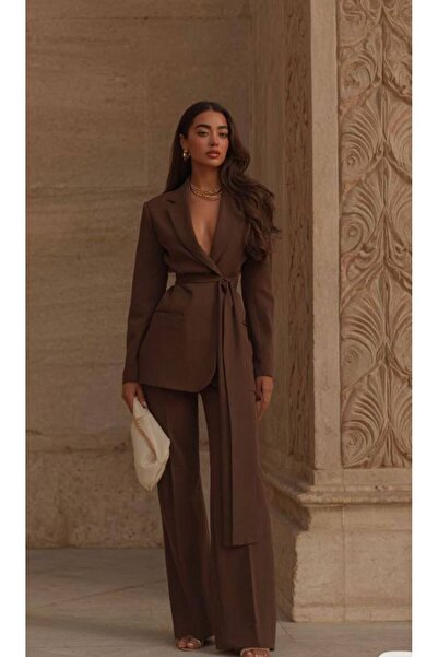 MAESTRO WOMAN Γυναικείο Σετ Παντελόνι και Σακάκι με Καφέ Ζώνη και Φόδρα, Παντ...