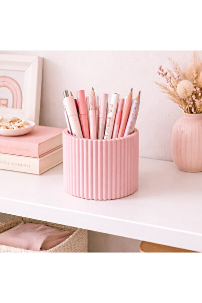 Kafs Store Pastel Pembe Çizgili Silindir Makyaj Organizeri - Çok Amaçlı Fırça...