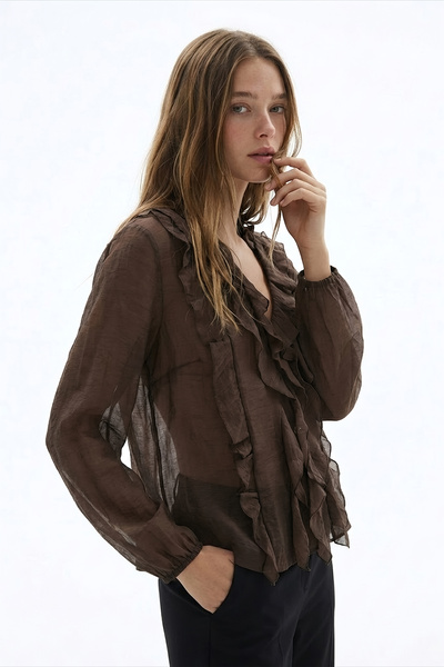Quzu Ruffled Front V-Neck Shirt Brown