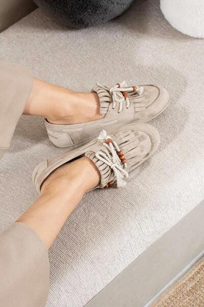 Rek Shoes Haze Kadın Aksesuarlı Babet Süet Boncuk Detaylı Ve Bağcıklı Kadın G...