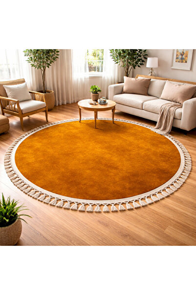 HALISHOP MÜHÜR 35 HARDAL Yuvarlak Kaymaz Dokuma Taban Soft Oturma Odası Salon...