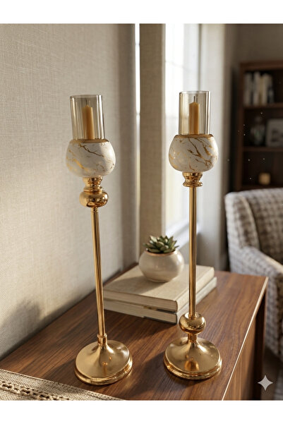 mysecrethome Beyaz & Gold 2’li Şamdan ve Mumluk – 48 cm, Modern Tasarım, Şık ...