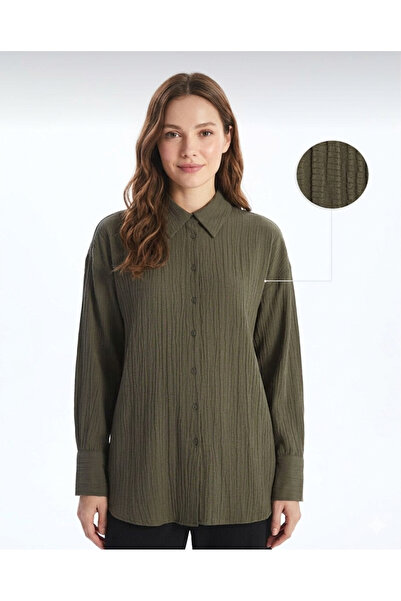 axy Kadın Haki Gofre Dokulu Gömlek Oversize Rahat Kesim Uzun Kollu Şık & Günlük