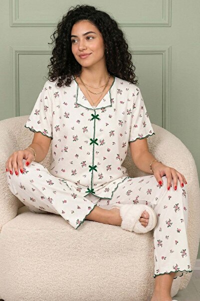 Niket Life طقم بيجامة نسائي من الفيسكوز بتصميم زهور صغيرة وياقة على شكل حرف V...