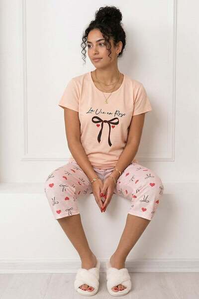 Niket Life طقم بيجامة نسائي من القطن الممشط بأكمام قصيرة وياقة دائرية وطباعة ...