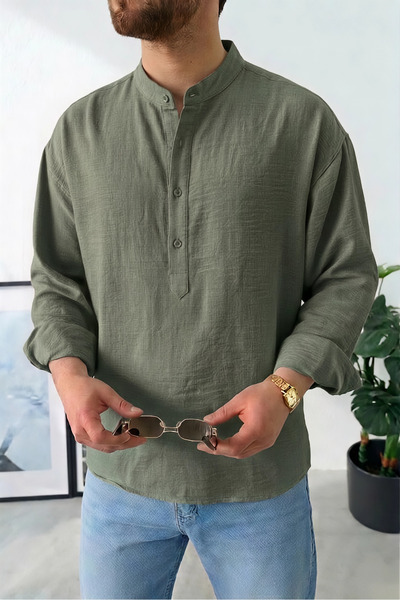 Wonraces Men's Half Oversize Half Placket Buttoned Stand Collar Summer Pera L...