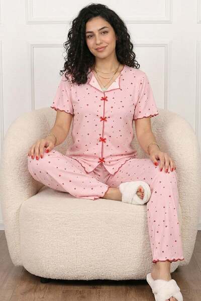 Niket Life طقم بيجامة نسائي من الفيسكوز بنقشة قلب صغيرة وياقة على شكل حرف V و...