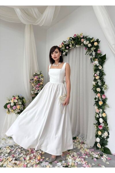 maf collection Women's White Square Neck Thick Strap Long Evening Dress with ...