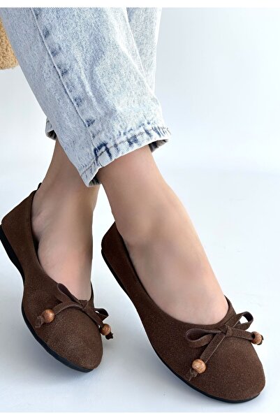 BESKAR Pantofi balerini din piele maro Cear, din piele intoarsa prafata