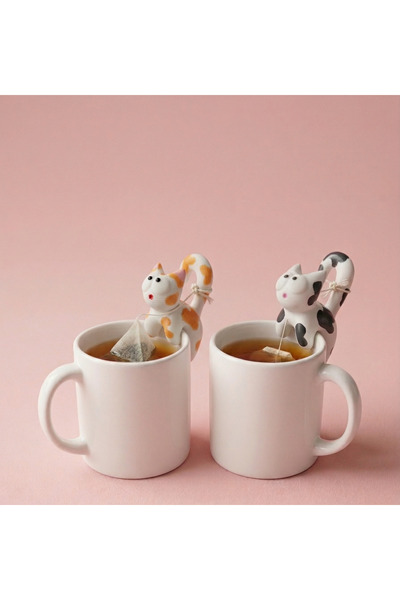 LUBIKO STUDIO (2'li Set) Sevimli Kedi Figürlü El Boyaması Bitki Çayı Poşet Tu...