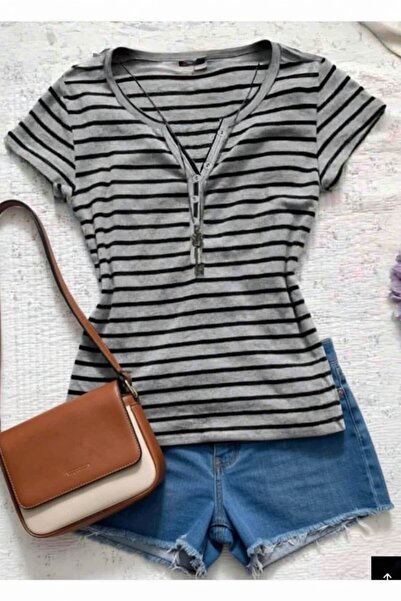 Köstebek Black Striped Buttoned Italian Style Basic Blouse