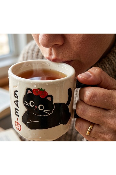 Kuzey Tacı Elma Cat Black Cat Themed Porcelain Mug – 3D Paw Detail Hand-Paint...